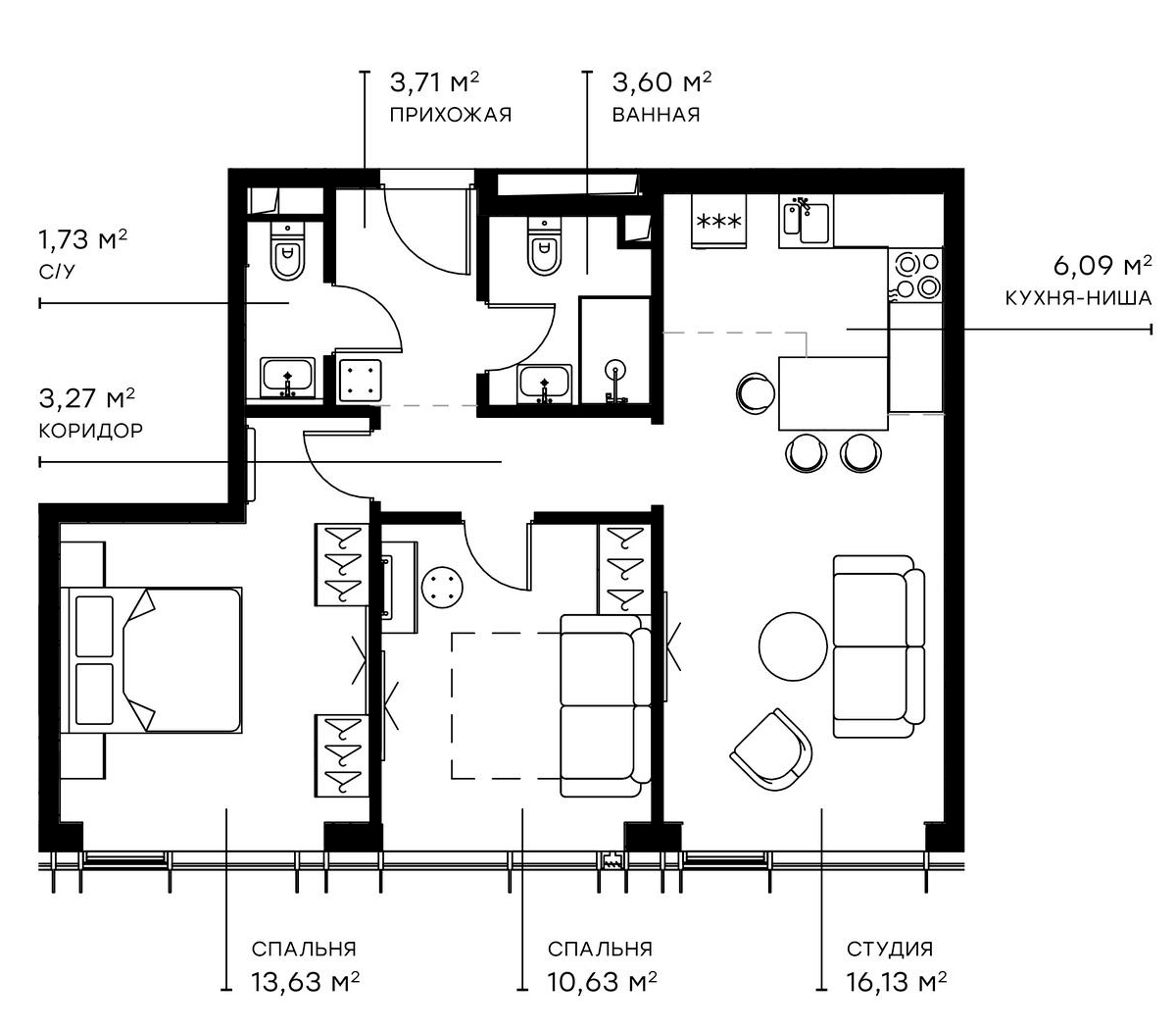 Планировка — Симфония 34, 3-комн., 59 м²