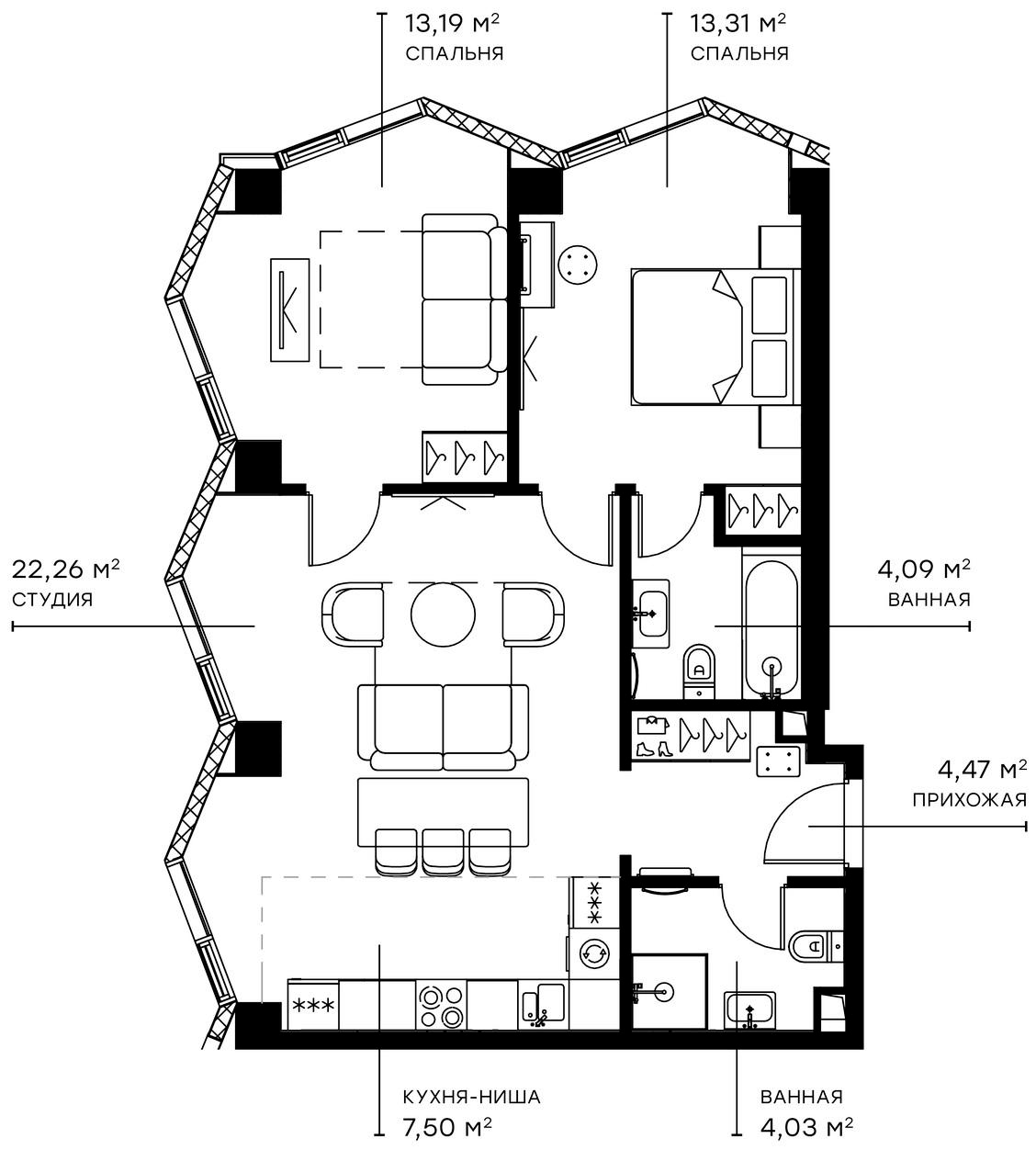 Планировка — Симфония 34, 3-комн., 69 м²