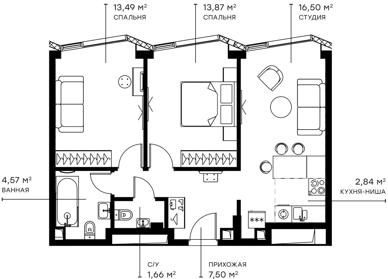 Планировка — Симфония 34, 3-комн., 60 м²