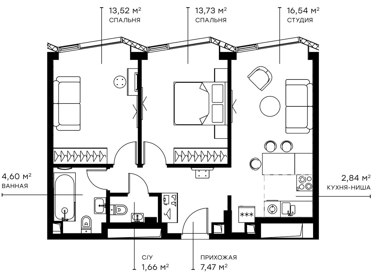 Планировка — Симфония 34, 3-комн., 61 м²