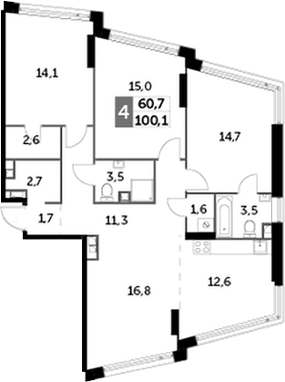 Планировка — Rotterdam, 4-комн., 100 м²