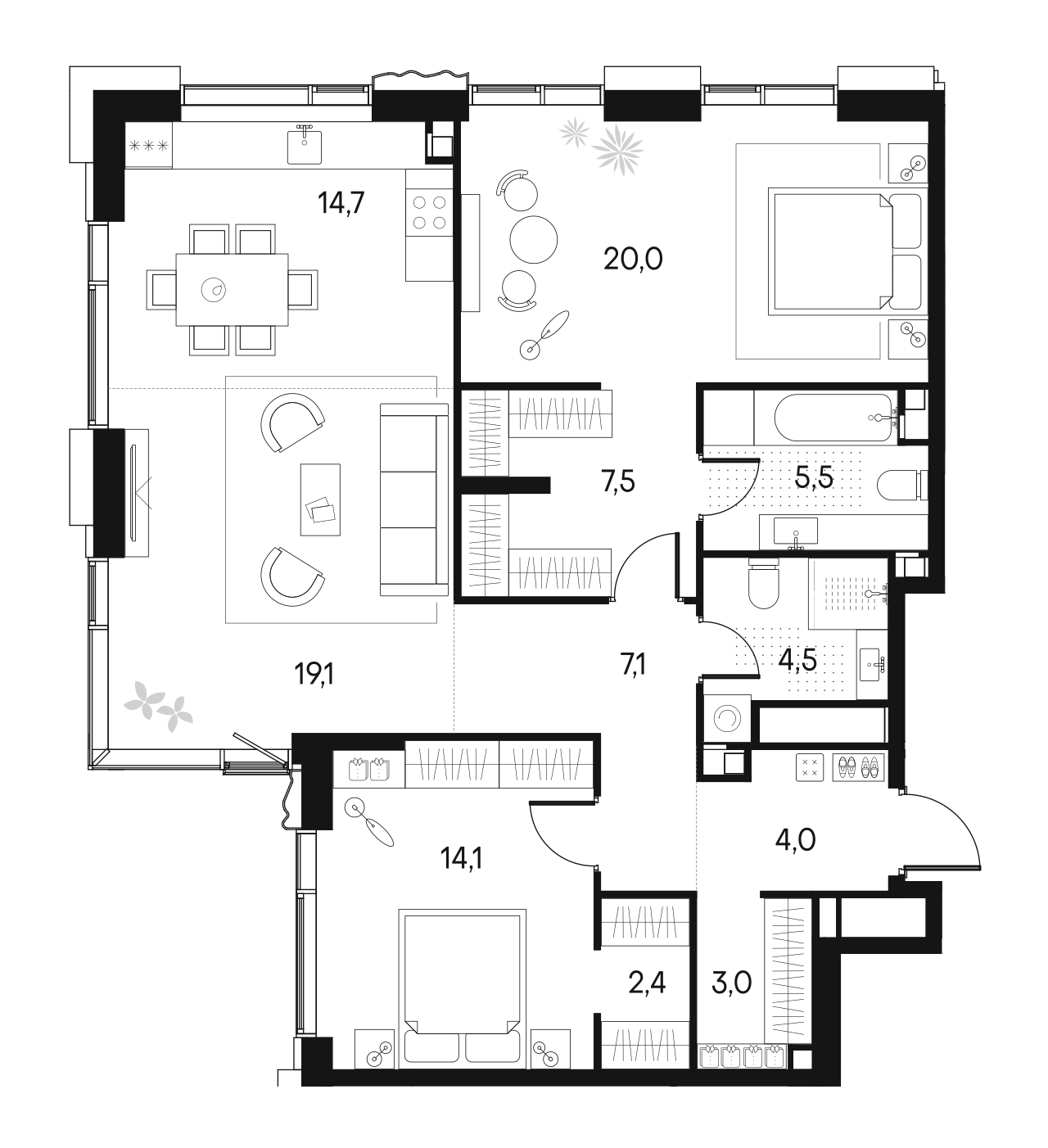 Планировка — Клубный город на реке Primavera, 3-комн., 102 м²