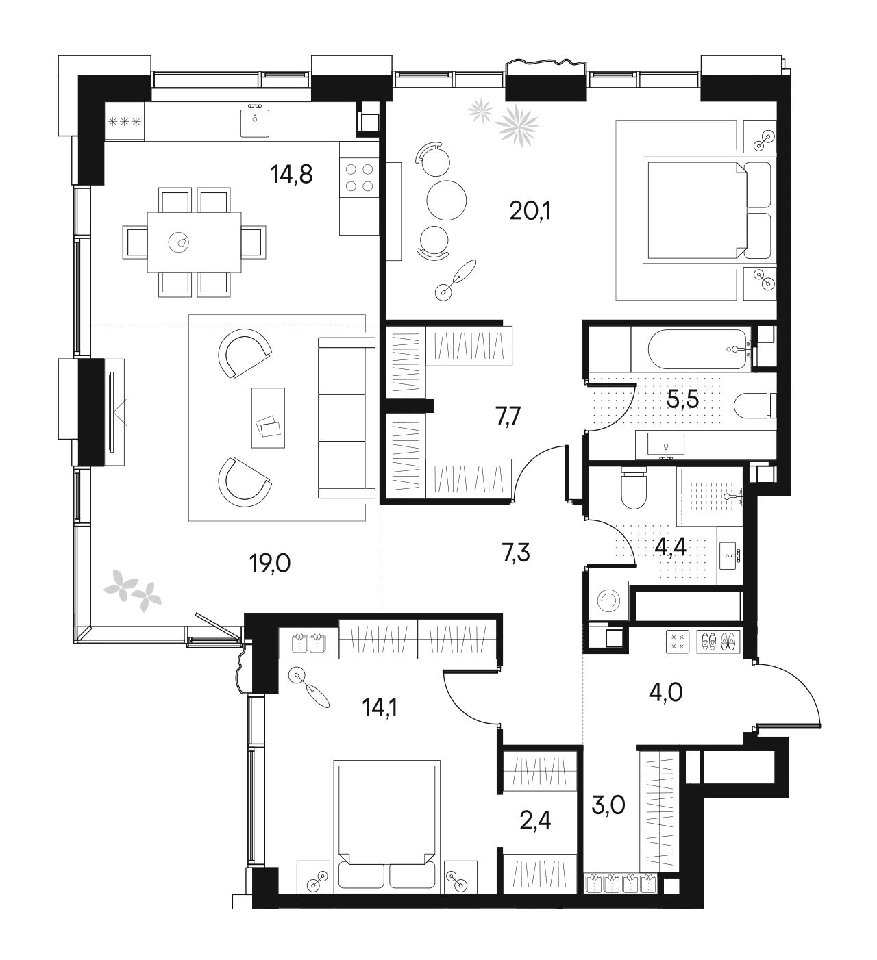 Планировка — Клубный город на реке Primavera, 3-комн., 102 м²