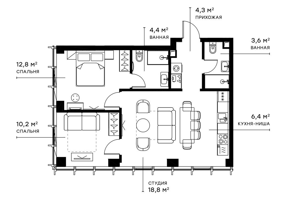 Планировка — Симфония 34, 3-комн., 61 м²