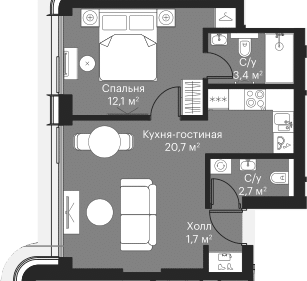 Планировка — Сити Бэй, 2-комн., 39 м²