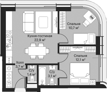 Планировка — Сити Бэй, 3-комн., 52 м²