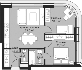 Планировка — Сити Бэй, 3-комн., 53 м²