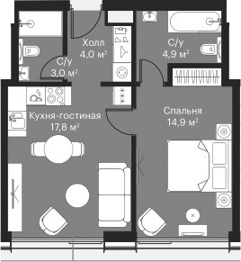 Планировка — Сити Бэй, 2-комн., 45 м²
