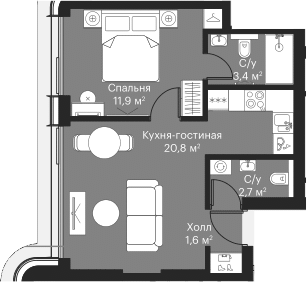 Планировка — Сити Бэй, 2-комн., 39 м²