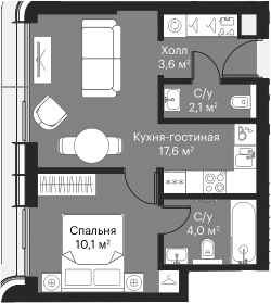 Планировка — Сити Бэй, 2-комн., 37 м²
