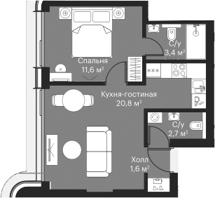 Планировка — Сити Бэй, 2-комн., 39 м²