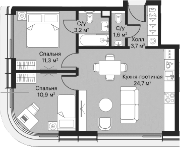 Планировка — Сити Бэй, 3-комн., 54 м²