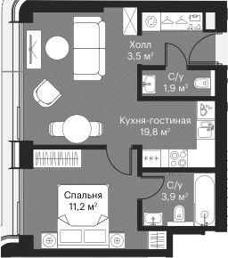Планировка — Сити Бэй, 2-комн., 39 м²