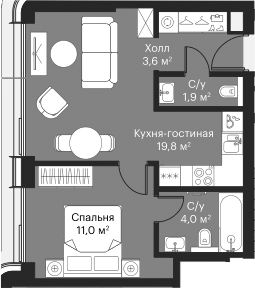 Планировка — Сити Бэй, 2-комн., 39 м²