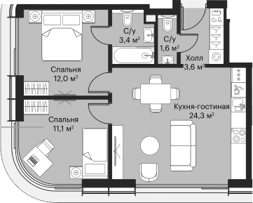 Планировка — Сити Бэй, 3-комн., 54 м²