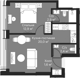 Планировка — Сити Бэй, 2-комн., 39 м²
