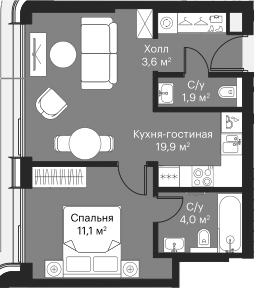Планировка — Сити Бэй, 2-комн., 39 м²
