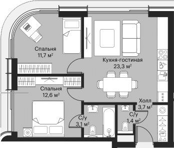 Планировка — Сити Бэй, 3-комн., 54 м²