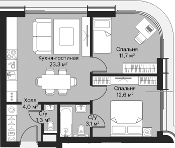 Планировка — Сити Бэй, 3-комн., 54 м²