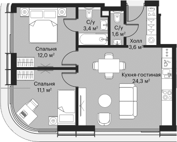 Планировка — Сити Бэй, 3-комн., 54 м²