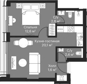 Планировка — Сити Бэй, 2-комн., 38 м²