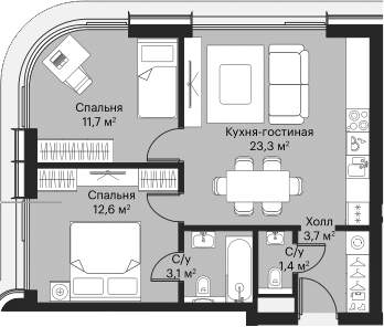 Планировка — Сити Бэй, 3-комн., 55 м²