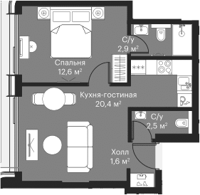 Планировка — Сити Бэй, 2-комн., 39 м²