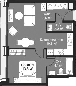 Планировка — Сити Бэй, 2-комн., 39 м²