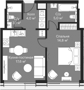 Планировка — Сити Бэй, 2-комн., 43 м²
