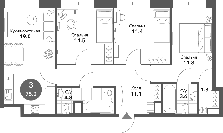 Планировка — Voxhall, 4-комн., 75 м²