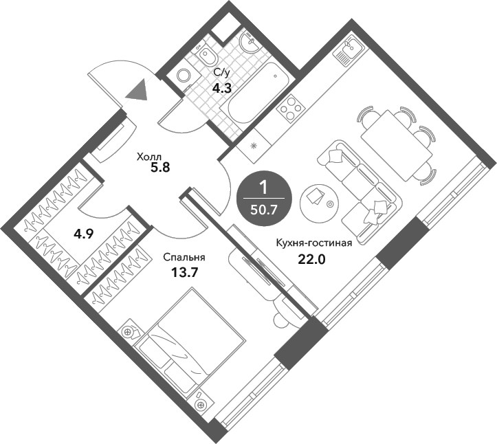 Планировка — Voxhall, 2-комн., 51 м²