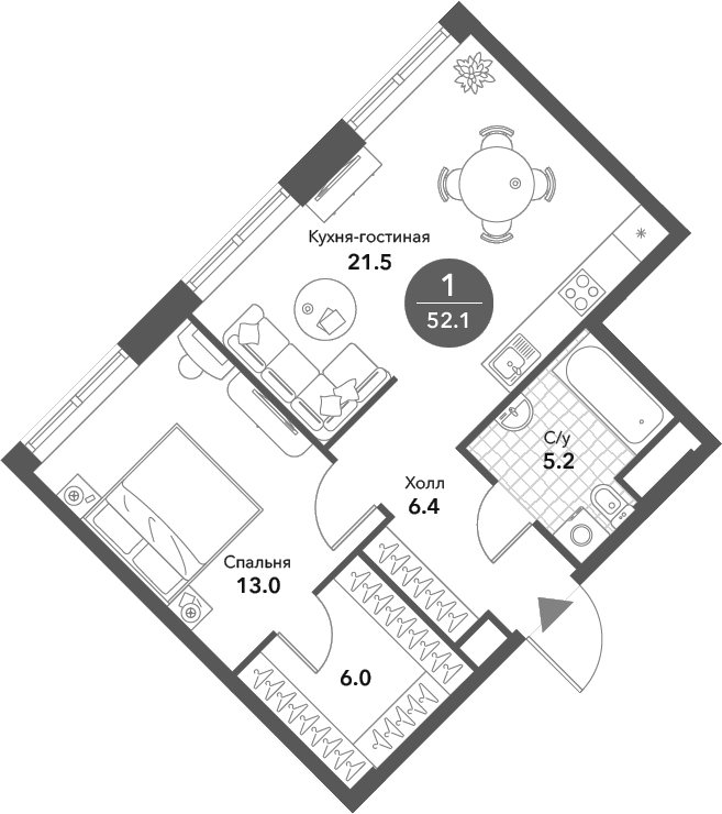 Планировка — Voxhall, 2-комн., 52 м²