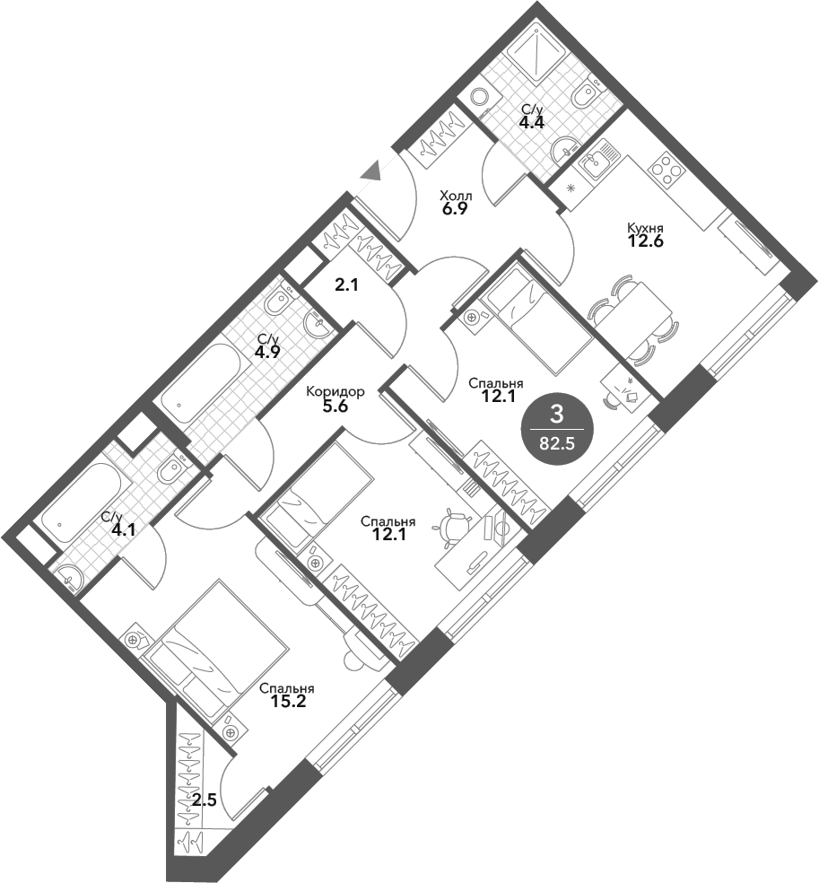 Планировка — Voxhall, 3-комн., 83 м²