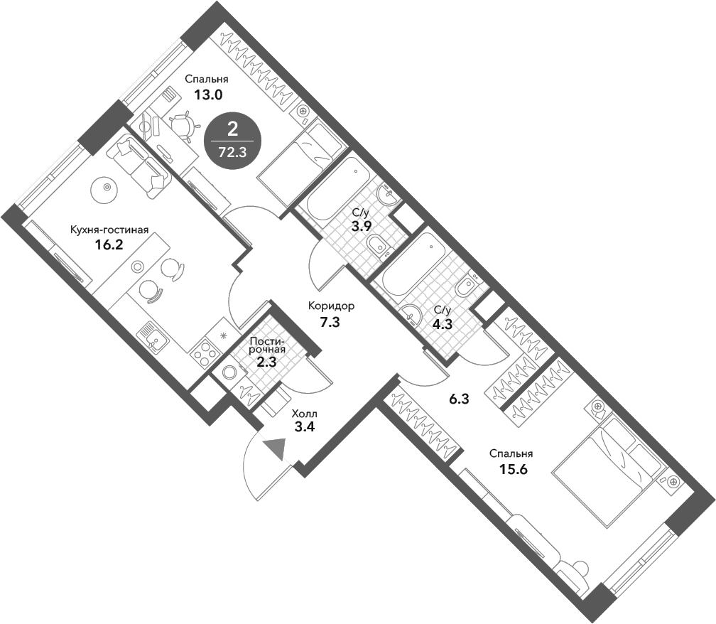 Планировка — Voxhall, 3-комн., 72 м²