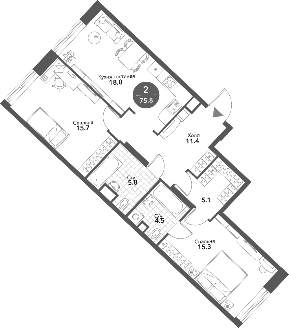 Планировка — Voxhall, 3-комн., 76 м²