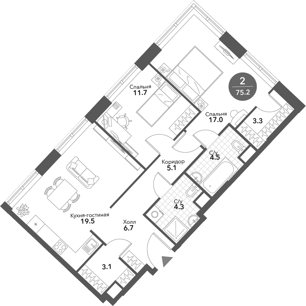 Планировка — Voxhall, 3-комн., 75 м²