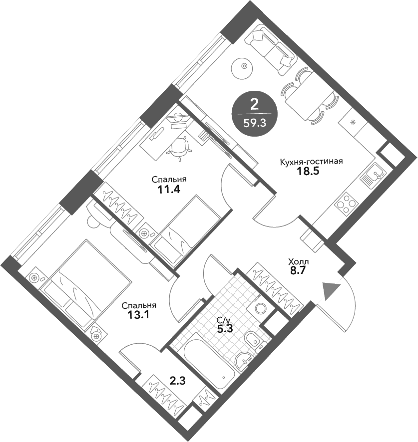 Планировка — Voxhall, 3-комн., 59 м²