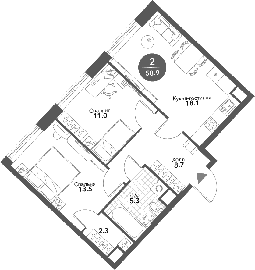 Планировка — Voxhall, 3-комн., 59 м²