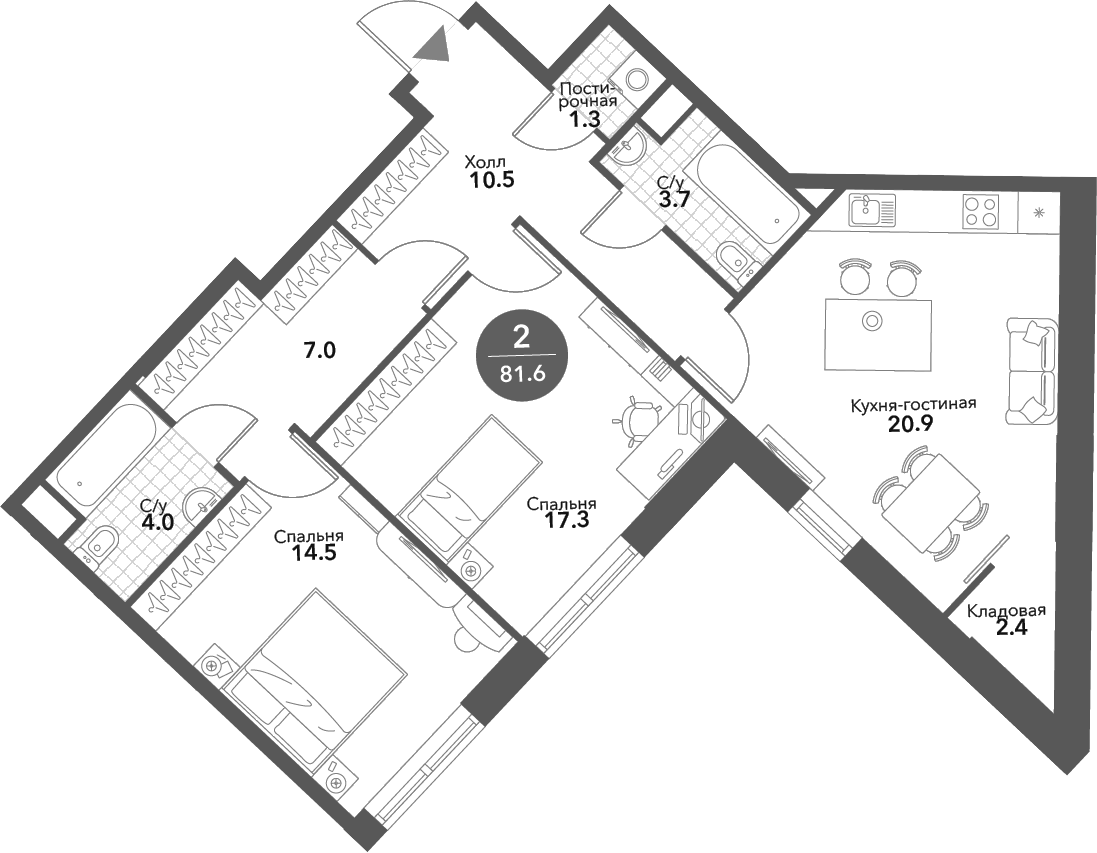 Планировка — Voxhall, 3-комн., 82 м²