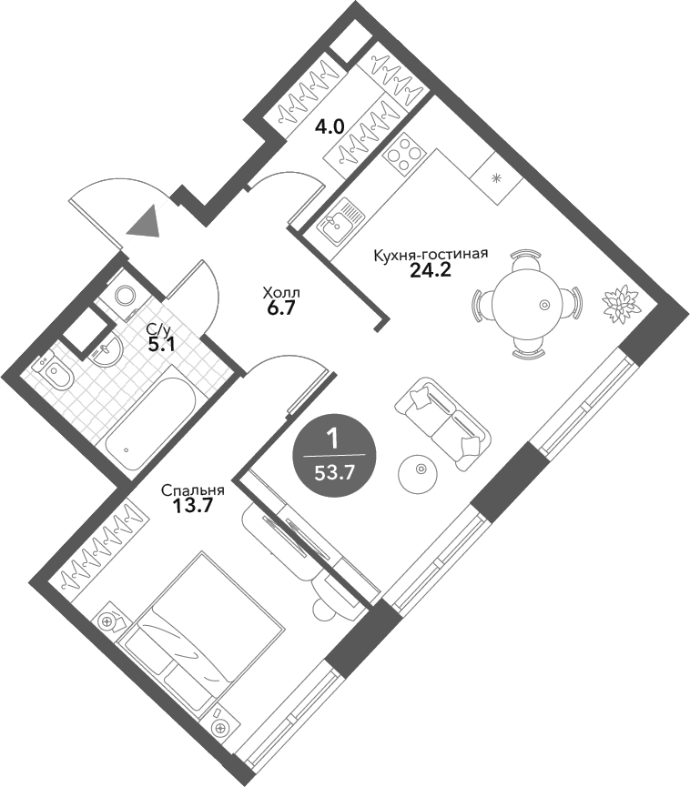 Планировка — Voxhall, 2-комн., 54 м²