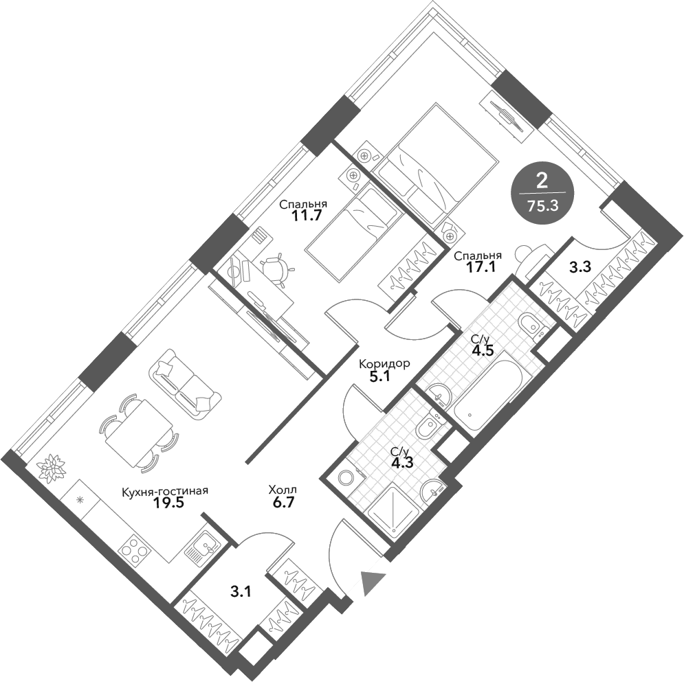 Планировка — Voxhall, 3-комн., 75 м²