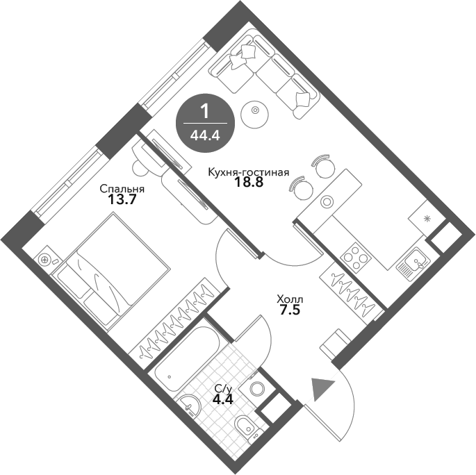 Планировка — Voxhall, 2-комн., 44 м²