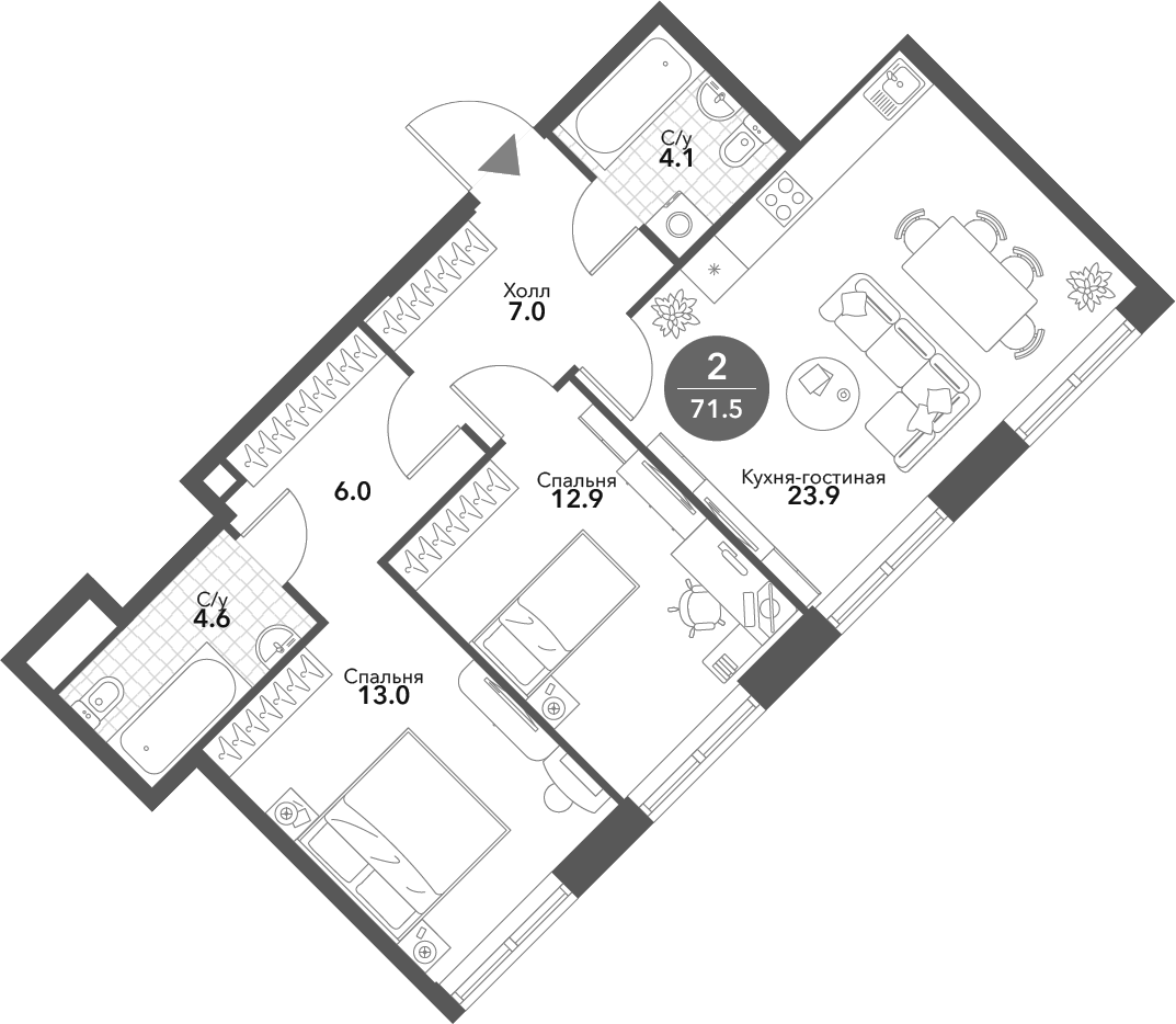 Планировка — Voxhall, 3-комн., 72 м²