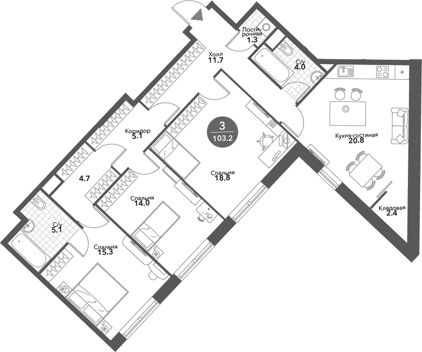 Планировка — Voxhall, 4-комн., 103 м²