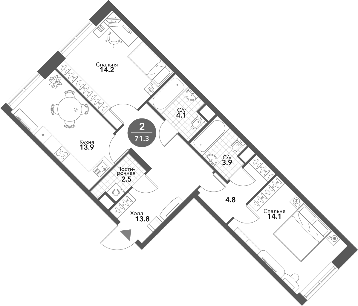 Планировка — Voxhall, 2-комн., 71 м²