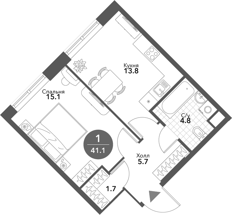 Планировка — Voxhall, 1-комн., 41 м²