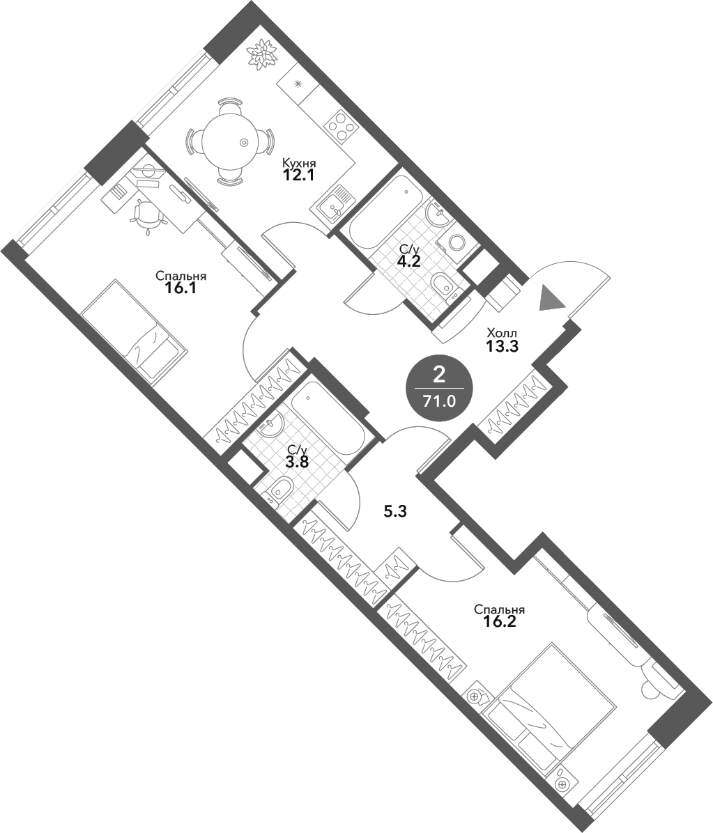 Планировка — Voxhall, 2-комн., 71 м²