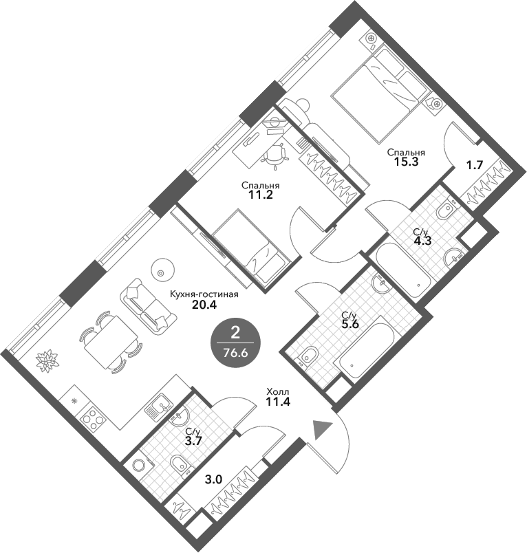 Планировка — Voxhall, 3-комн., 77 м²