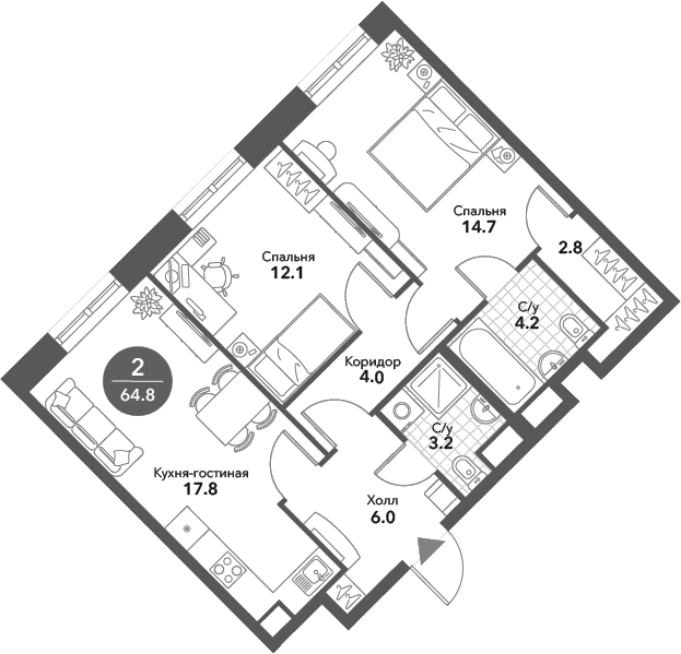 Планировка — Voxhall, 3-комн., 65 м²