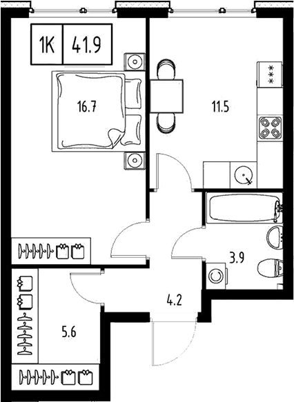 Планировка — Сколково ВАН, 1-комн., 42 м²
